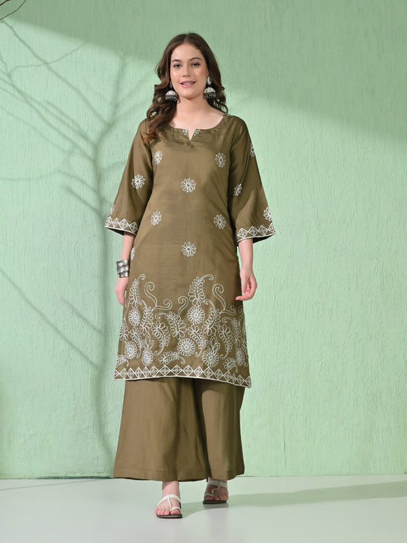 Myshka Women's Embroidered Calf Length Olive Kurta With Palazzo