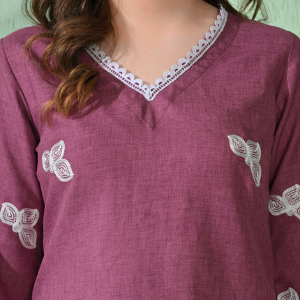 Myshka Women's Embroidered Calf Length Mauve Kurta With Palazzo