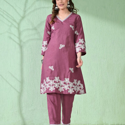 Myshka Women's Embroidered Calf Length Mauve Kurta With Palazzo