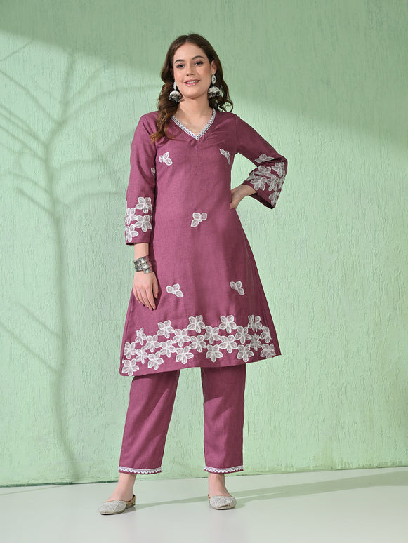 Myshka Women's Embroidered Calf Length Mauve Kurta With Palazzo