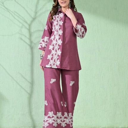 Myshka Women's Floral Embroidered Pink Tunic with Trouser