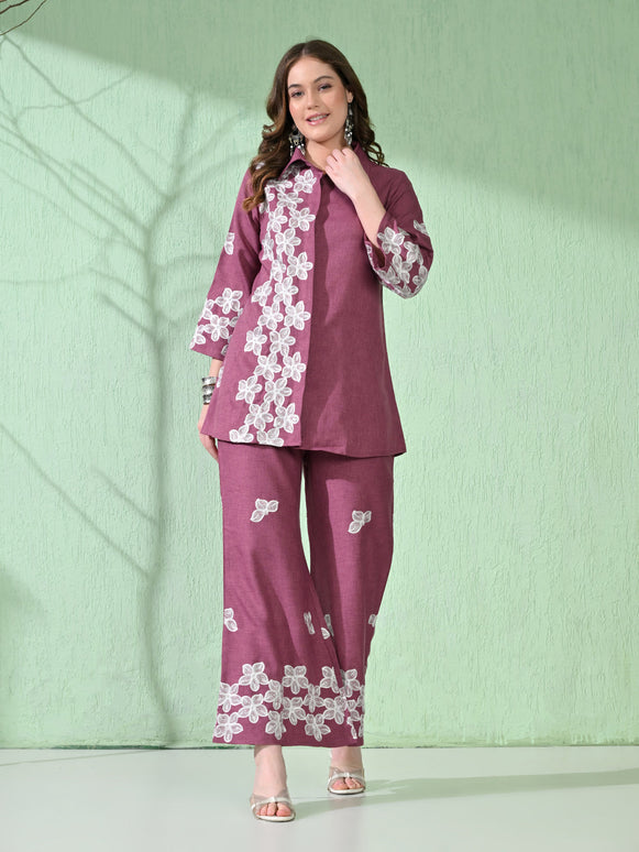 Myshka Women's Floral Embroidered Pink Tunic with Trouser