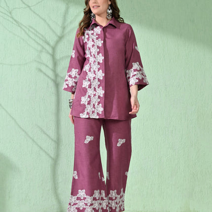 Myshka Women's Floral Embroidered Pink Tunic with Trouser