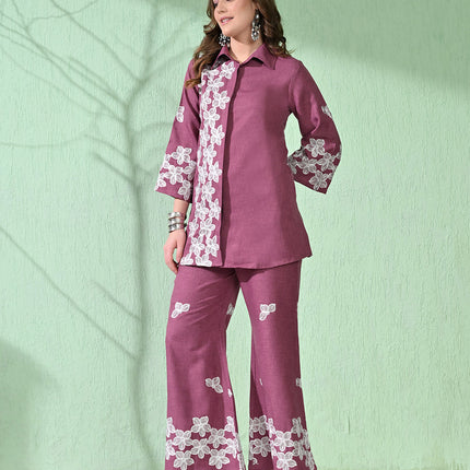 Myshka Women's Floral Embroidered Pink Tunic with Trouser