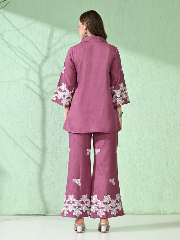 Myshka Women's Floral Embroidered Pink Tunic with Trouser