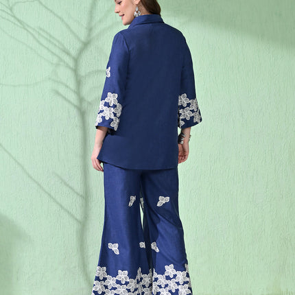 Myshka Women's Floral Embroidered Navy Tunic with Trouser