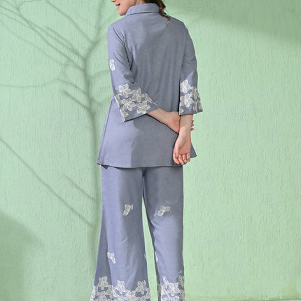 Myshka Women's Floral Embroidered SkyBlue Tunic with Trouser