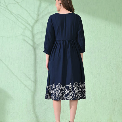 Myshka Women's Flared Knee Length Embroidered Navy Dress