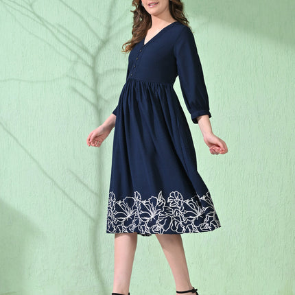 Myshka Women's Flared Knee Length Embroidered Navy Dress