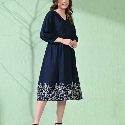 Myshka Women's Flared Knee Length Embroidered Navy Dress