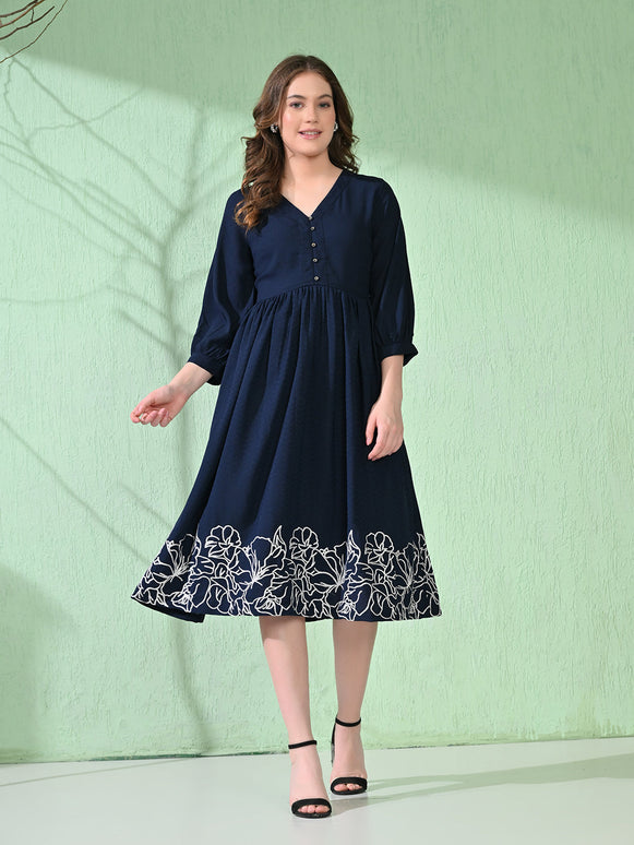 Myshka Women's Flared Knee Length Embroidered Navy Dress
