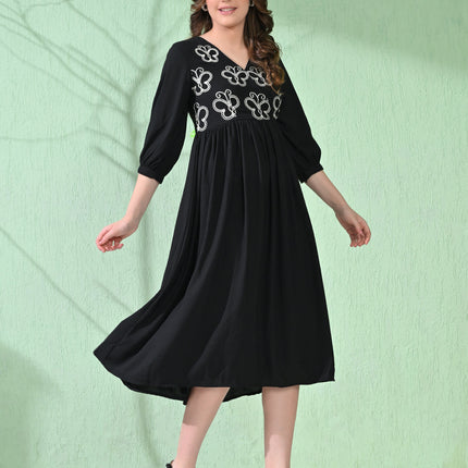 Myshka Women's Flared Knee Length Embroidered Black Dress
