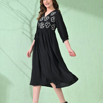 Myshka Women's Flared Knee Length Embroidered Black Dress