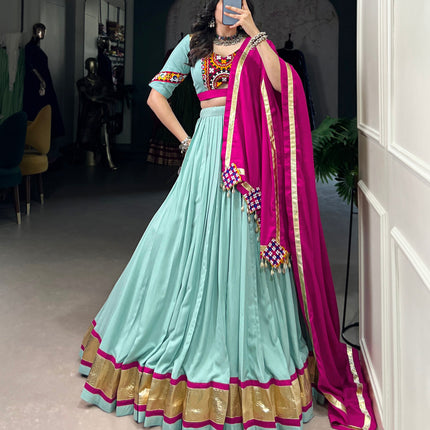 Lorenvalley Seagreen Pure Rayon Embossed Design Lace Touch Up Lehenga Choli with Dupatta