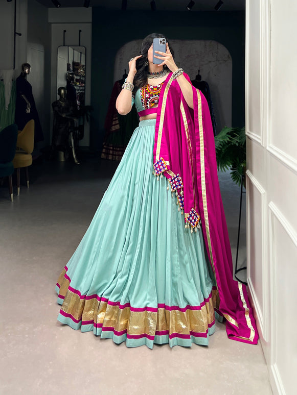Lorenvalley Seagreen Pure Rayon Embossed Design Lace Touch Up Lehenga Choli with Dupatta