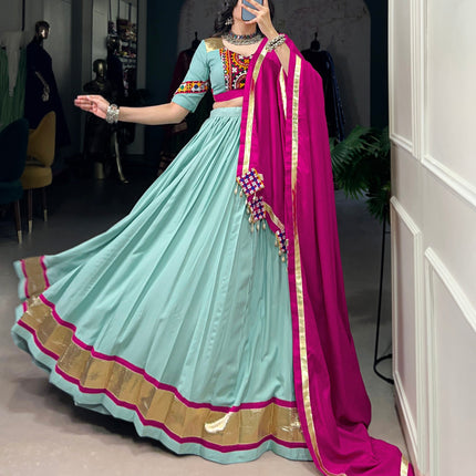 Lorenvalley Seagreen Pure Rayon Embossed Design Lace Touch Up Lehenga Choli with Dupatta