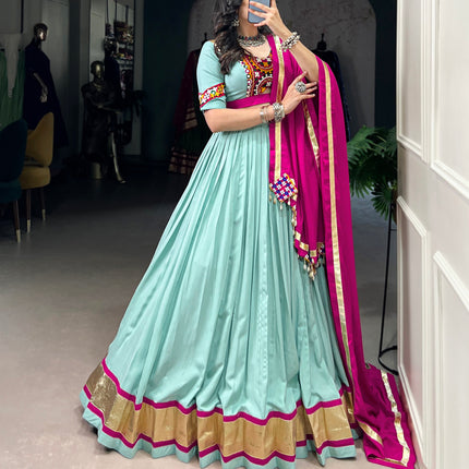 Lorenvalley Seagreen Pure Rayon Embossed Design Lace Touch Up Lehenga Choli with Dupatta