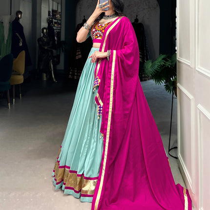 Lorenvalley Seagreen Pure Rayon Embossed Design Lace Touch Up Lehenga Choli with Dupatta