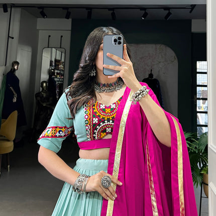 Lorenvalley Seagreen Pure Rayon Embossed Design Lace Touch Up Lehenga Choli with Dupatta