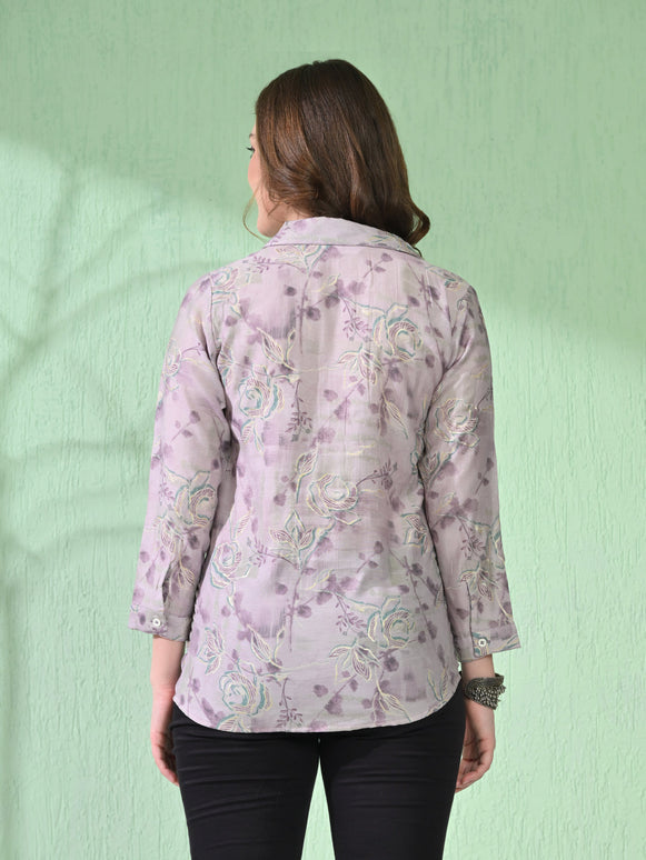 Myshka Women's Causal Printed Shirt Style Embroidered Top Lavender Color