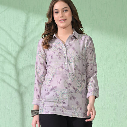 Myshka Women's Causal Printed Shirt Style Embroidered Top Lavender Color