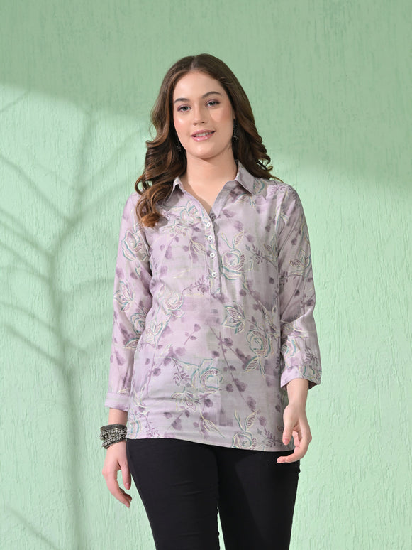 Myshka Women's Causal Printed Shirt Style Embroidered Top Lavender Color
