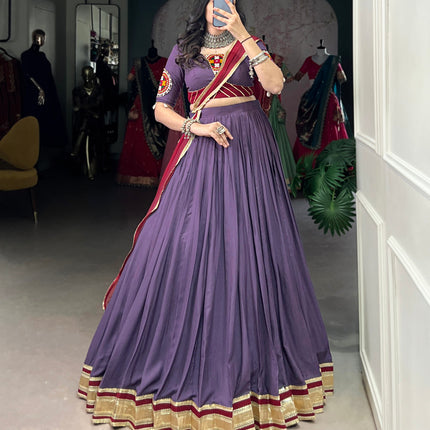 Lorenvalley Mauve Pure Rayon Embossed Design With Sequins Lace Border Lehenga Choli with Dupatta