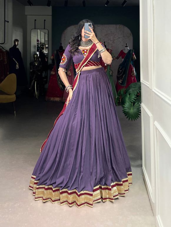 Lorenvalley Mauve Pure Rayon Embossed Design With Sequins Lace Border Lehenga Choli with Dupatta