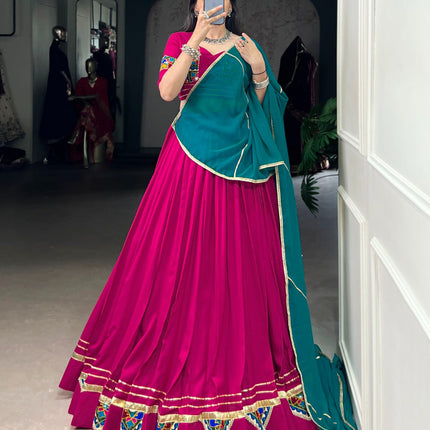 Lorenvalley Fashion Pink Pure Rayon Gamthi Work With Embossed Design And Lace Touch Up Lehenga Choli with Dupatta