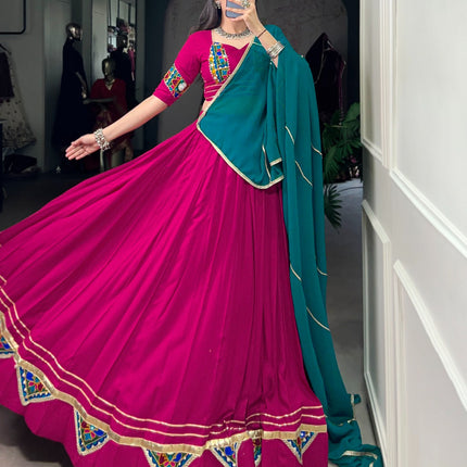 Lorenvalley Fashion Pink Pure Rayon Gamthi Work With Embossed Design And Lace Touch Up Lehenga Choli with Dupatta