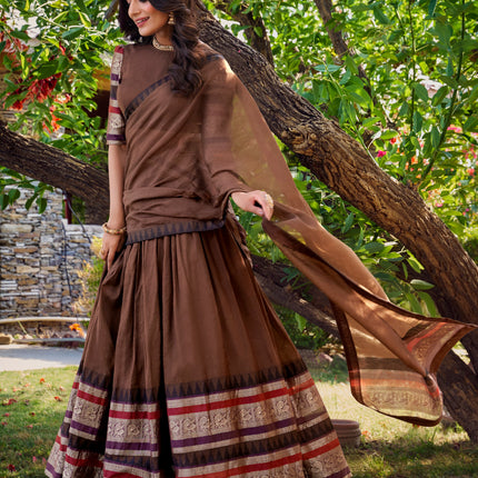 Lorenvalley Brown Pure Chanderi Plain With Zari Weaving Work Border Lehenga Choli with Dupatta