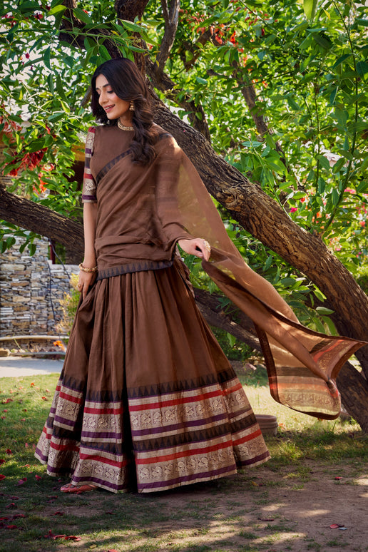 Lorenvalley Brown Pure Chanderi Plain With Zari Weaving Work Border Lehenga Choli with Dupatta
