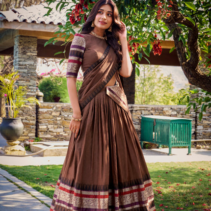 Lorenvalley Brown Pure Chanderi Plain With Zari Weaving Work Border Lehenga Choli with Dupatta