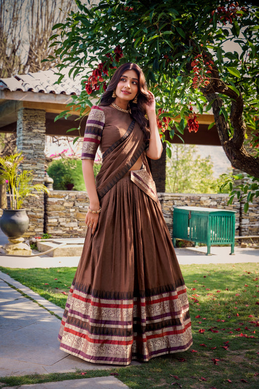 Lorenvalley Brown Pure Chanderi Plain With Zari Weaving Work Border Lehenga Choli with Dupatta