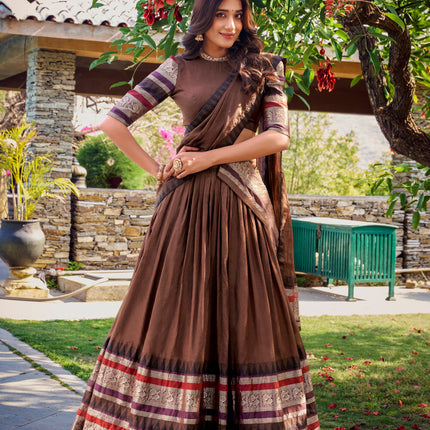 Lorenvalley Brown Pure Chanderi Plain With Zari Weaving Work Border Lehenga Choli with Dupatta