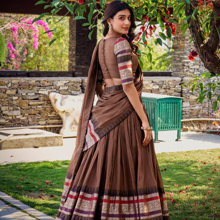 Lorenvalley Brown Pure Chanderi Plain With Zari Weaving Work Border Lehenga Choli with Dupatta