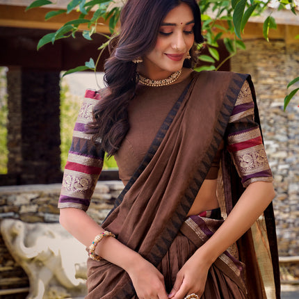 Lorenvalley Brown Pure Chanderi Plain With Zari Weaving Work Border Lehenga Choli with Dupatta