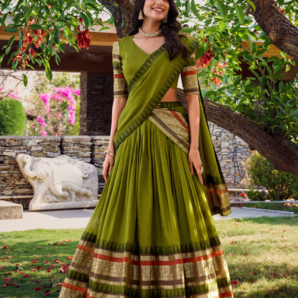 Lorenvalley Mehendi Pure Chanderi Plain With Zari Weaving Work Border Lehenga Choli with Dupatta