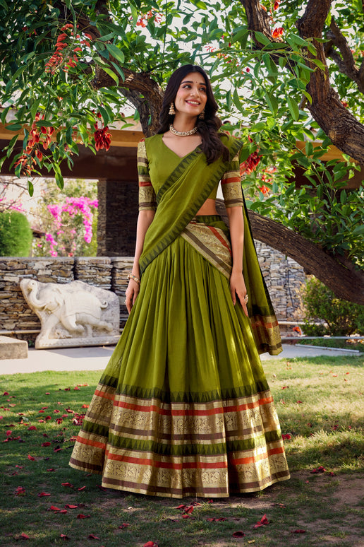 Lorenvalley Mehendi Pure Chanderi Plain With Zari Weaving Work Border Lehenga Choli with Dupatta