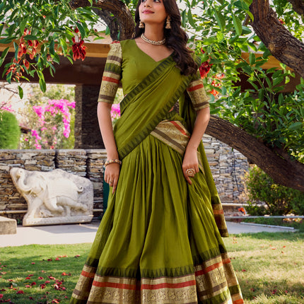 Lorenvalley Mehendi Pure Chanderi Plain With Zari Weaving Work Border Lehenga Choli with Dupatta