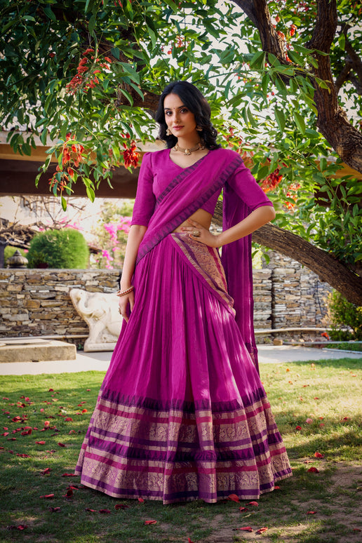 Lorenvalley Magenta Pure Chanderi Plain With Zari Weaving Work Border Lehenga Choli with Dupatta