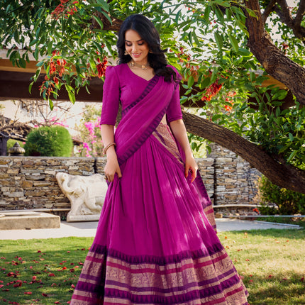 Lorenvalley Magenta Pure Chanderi Plain With Zari Weaving Work Border Lehenga Choli with Dupatta
