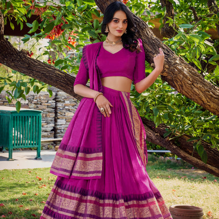 Lorenvalley Magenta Pure Chanderi Plain With Zari Weaving Work Border Lehenga Choli with Dupatta
