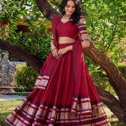 Lorenvalley Maroon Pure Chanderi Plain With Zari Weaving Work Border Lehenga Choli with Dupatta