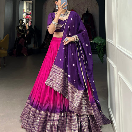 Lorenvalley Pink Chanderi Color Padding With Zari Weaving Work Border Lehenga Choli with Dupatta