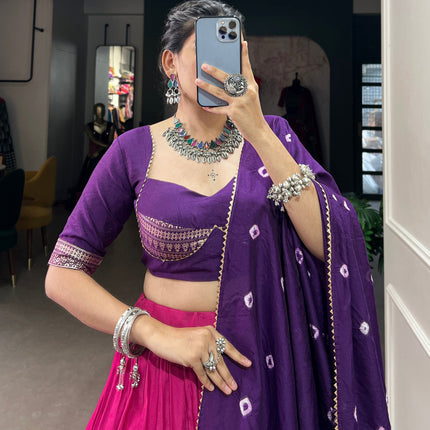 Lorenvalley Pink Chanderi Color Padding With Zari Weaving Work Border Lehenga Choli with Dupatta