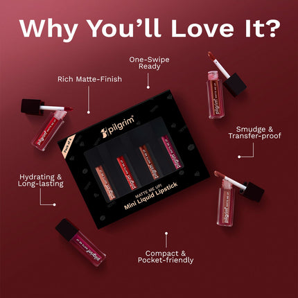 Pilgrim Matte Mini Liquid Lipstick 4 In 1 Pack Smudgeproof, Hydrating & Lightweight - Always On Top