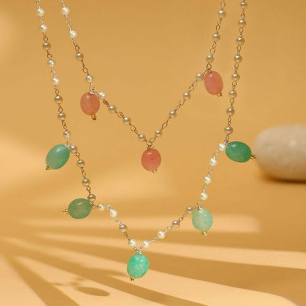 Beaded Green and Pink Motif Necklace - Ruby Raang