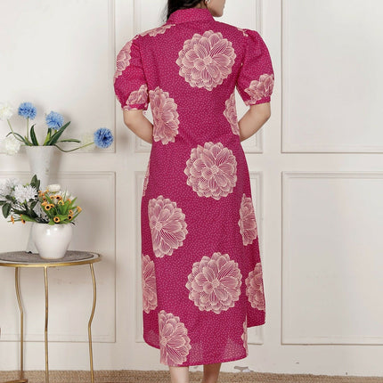 Miravan Womens Pink Printed Collar Neck Short Puff Sleeves Cotton A-Line Maxi Dress