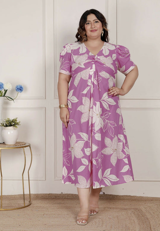 Miravan Womens Plus Size Pink Floral Print Puff Sleeve Pure Cotton Fit Flare Butterfly Maxi Dress